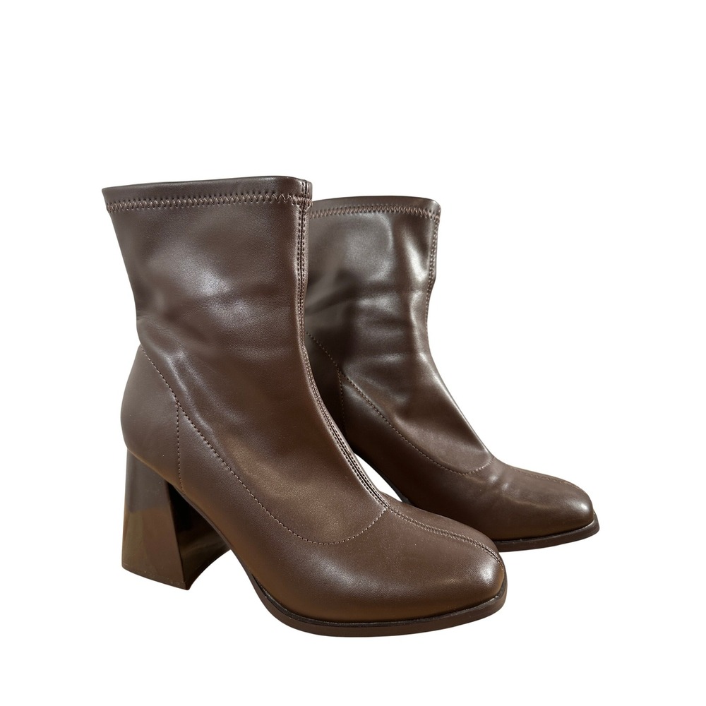 Minimalist Brown Boots‎ Block Heel Square Toe Stretch Sock Boot 8 Retro Chic